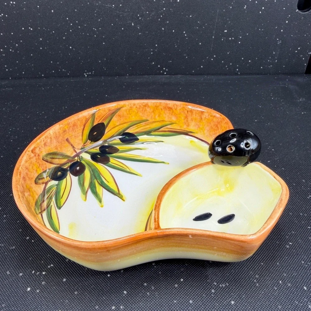 Hand Painted Ceramic Olive Serving Dish Mediterranean Signed 6in Orange Yellow